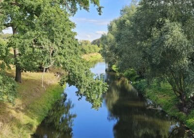 Ruhiger Fluss mit grünen Bäumen und blauen Himmel im Naturpark zur Zitadelle, entspannte Landschaft am Elbradweg in Dömitz
