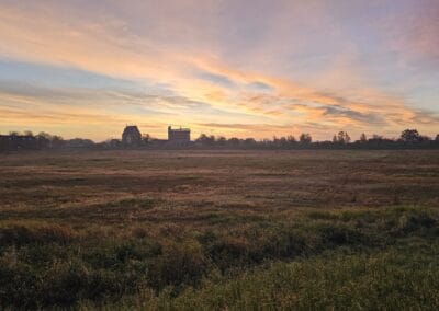 Weitwinkelaufnahme vom Stadthafen in Dömitz bei Sonnenuntergang, umgeben von offenen Feldern und Vegetation, mit einem historischen Gebäude im Hintergrund.